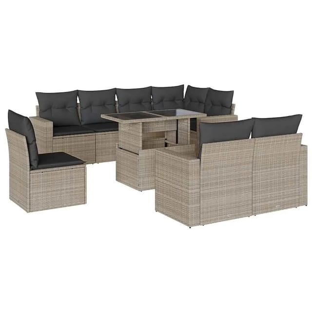 vidaXL 9-Tlg Garten-Sofagarnitur mit Kissen Hellgrau Poly Rattan 3267412