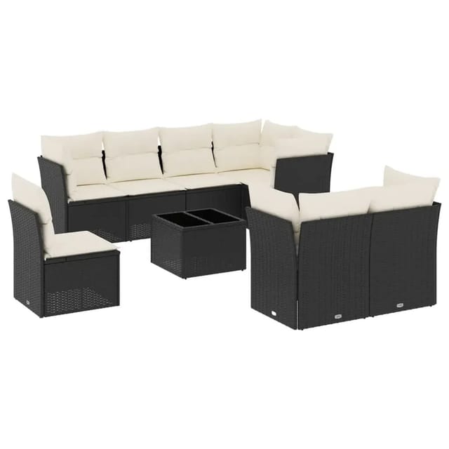 vidaXL 9-Tlg Garten-Sofagarnitur mit Kissen Schwarz Poly Rattan 3249775