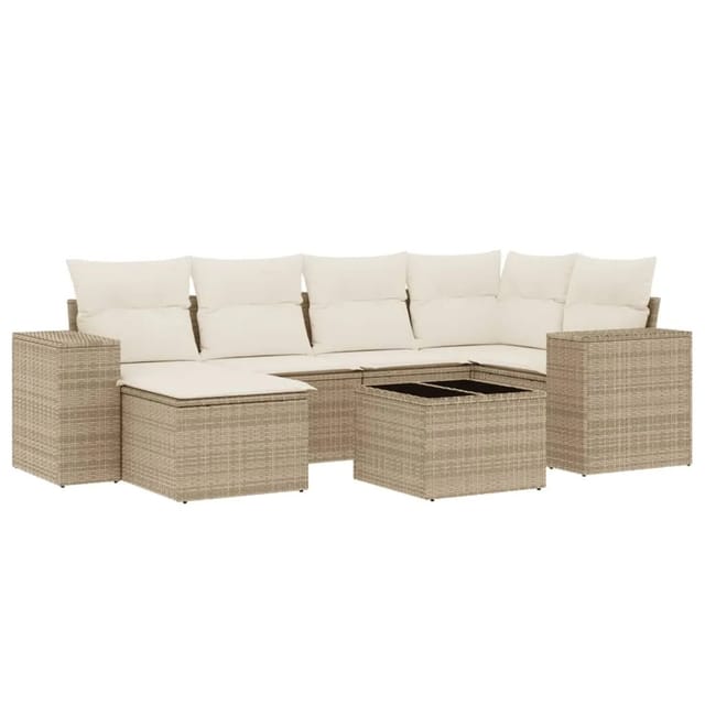 vidaXL 7-Tlg Garten-Sofagarnitur mit Kissen Beige Poly Rattan 3255205