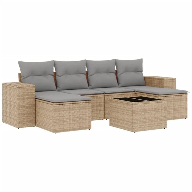 vidaXL 7-Tlg Garten-Sofagarnitur mit Kissen Beige Poly Rattan 3255266