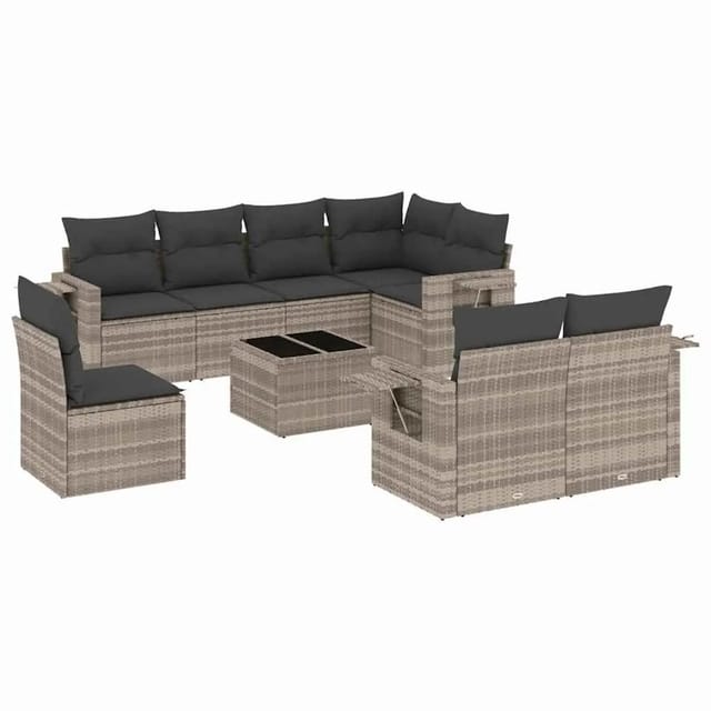 vidaXL 9-Tlg Garten-Sofagarnitur mit Kissen Hellgrau Poly Rattan 3220451