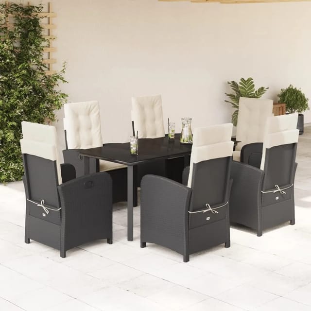 vidaXL 7-Tlg Garten-Essgruppe mit Kissen Schwarz Poly Rattan 3212305