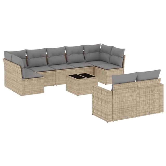 vidaXL 10-Tlg Garten-Sofagarnitur mit Kissen Beige Poly Rattan 3219419