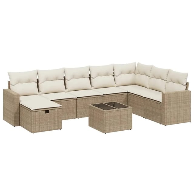 vidaXL 9-Tlg Garten-Sofagarnitur mit Kissen Beige Poly Rattan 3263594