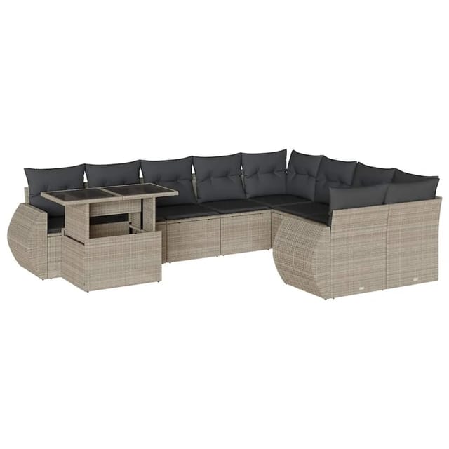 vidaXL 10-Tlg Garten-Sofagarnitur mit Kissen Hellgrau Poly Rattan 3268772