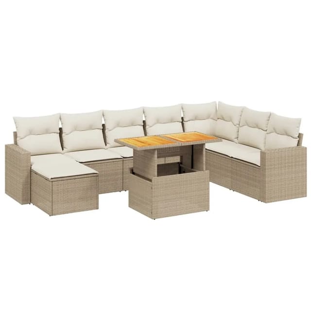 vidaXL 9-Tlg Garten-Sofagarnitur mit Kissen Beige Poly Rattan 3275627