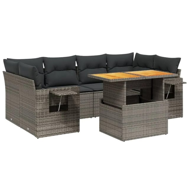 vidaXL 7-Tlg Garten-Sofagarnitur mit Kissen Grau Poly Rattan 3271655