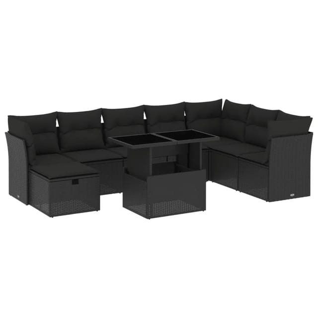 vidaXL 9-Tlg Garten-Sofagarnitur mit Kissen Schwarz Poly Rattan 3274705