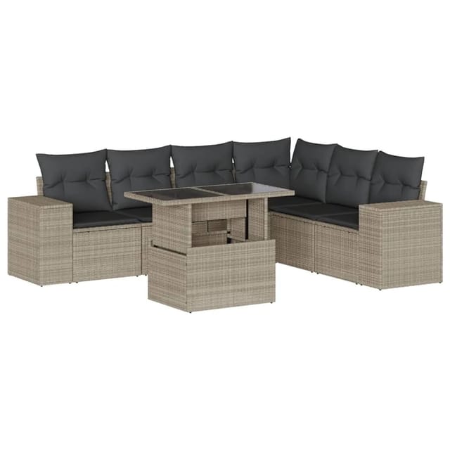 vidaXL 7-Tlg Garten-Sofagarnitur mit Kissen Hellgrau Poly Rattan 3269192