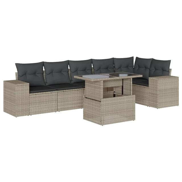 vidaXL 7-Tlg Garten-Sofagarnitur mit Kissen Hellgrau Poly Rattan 3269182