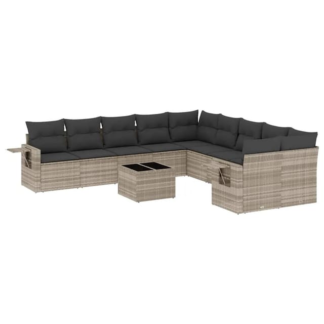 vidaXL 11-Tlg Garten-Sofagarnitur mit Kissen Hellgrau Poly Rattan 3220721