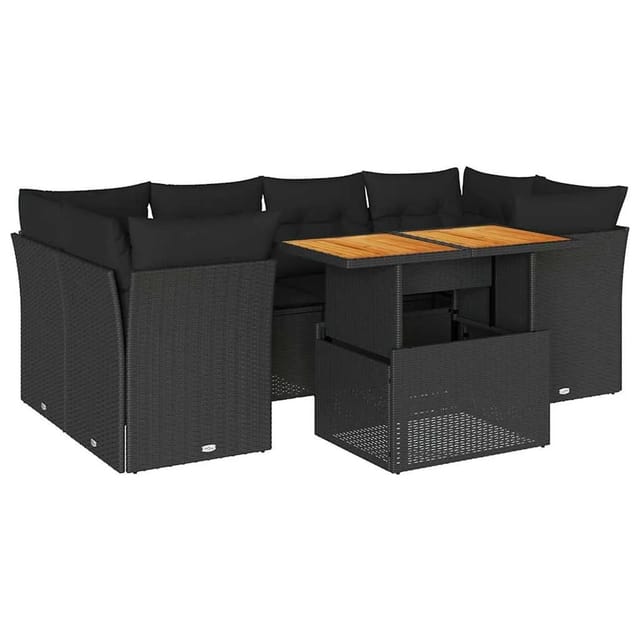 vidaXL 7-Tlg Garten-Sofagarnitur mit Kissen Schwarz Poly Rattan 3326890