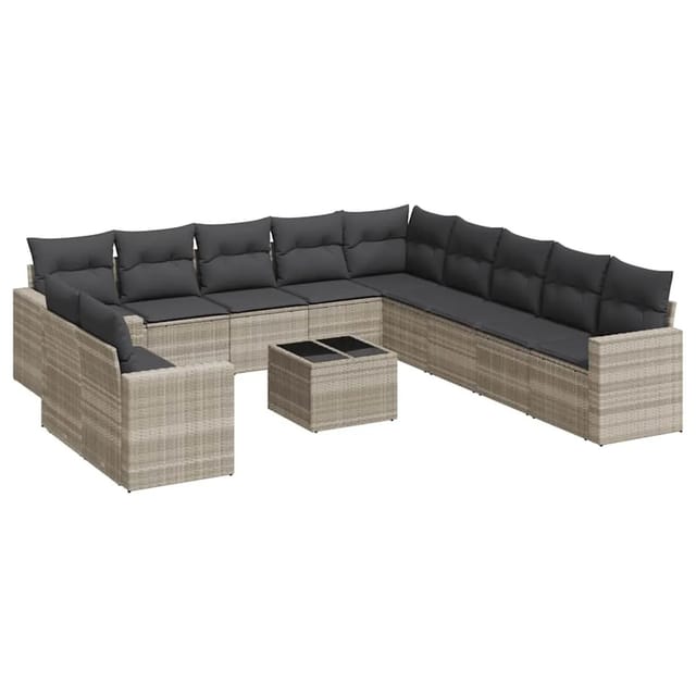 vidaXL 12-Tlg Garten-Sofagarnitur mit Kissen Hellgrau Poly Rattan 3219192
