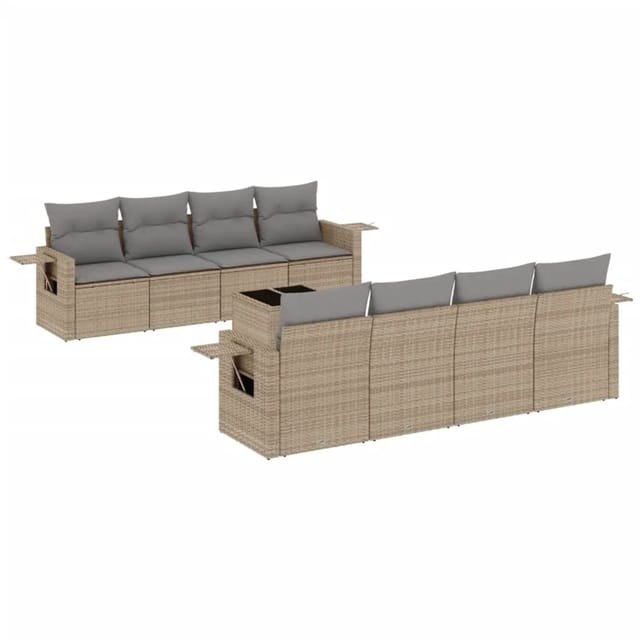 vidaXL 9-Tlg Garten-Sofagarnitur mit Kissen Beige Poly Rattan 3219948