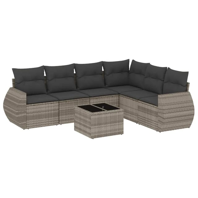 vidaXL 7-Tlg Garten-Sofagarnitur mit Kissen Hellgrau Poly Rattan 3221421