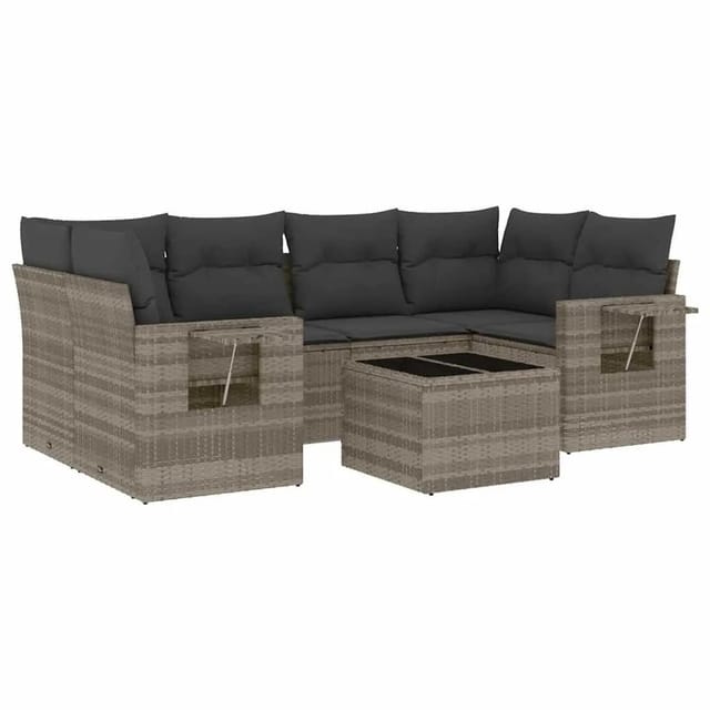 vidaXL 7-Tlg Garten-Sofagarnitur mit Kissen Hellgrau Poly Rattan 3219921