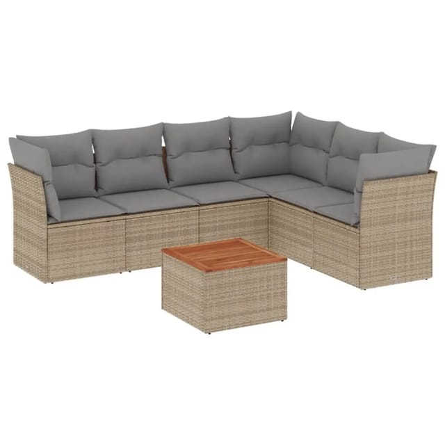 vidaXL 7-Tlg Garten-Sofagarnitur mit Kissen Beige Poly Rattan 3223658