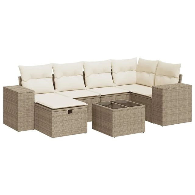 vidaXL 7-Tlg Garten-Sofagarnitur mit Kissen Beige Poly Rattan 3325694