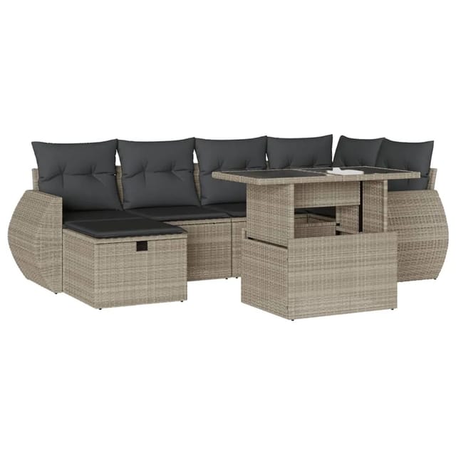 vidaXL 7-Tlg Garten-Sofagarnitur mit Kissen Hellgrau Poly Rattan 3275142