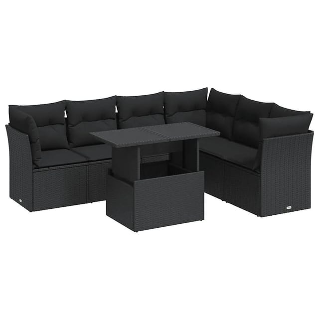 vidaXL 7-Tlg Garten-Sofagarnitur mit Kissen Schwarz Poly Rattan 3326166