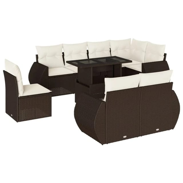 vidaXL 9-Tlg Garten-Sofagarnitur mit Kissen Braun Poly Rattan 3268673
