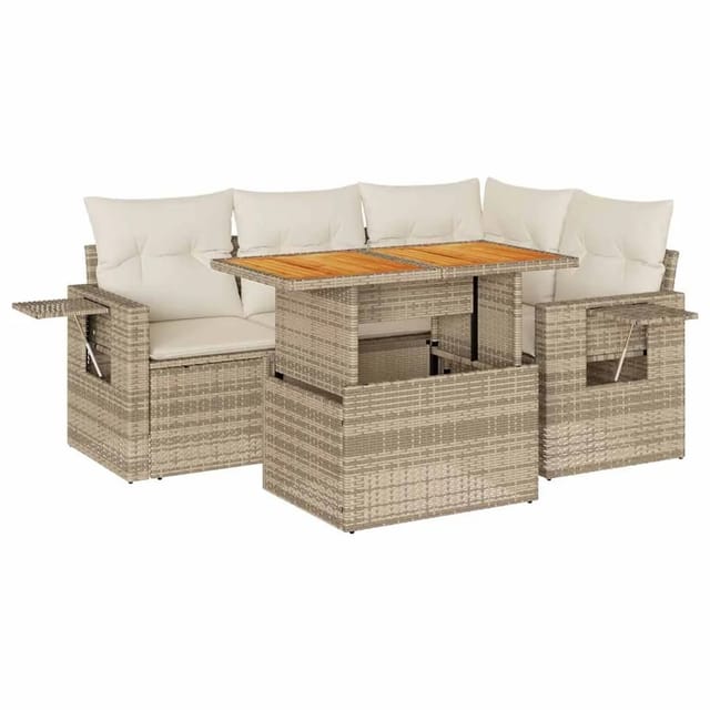 vidaXL 5-Tlg Garten-Sofagarnitur mit Kissen Beige Poly Rattan 3327145