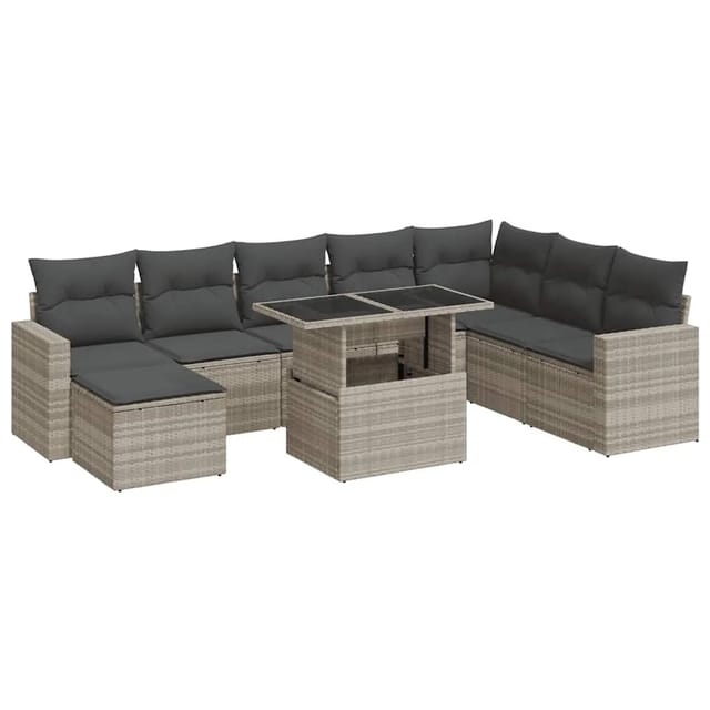 vidaXL 9-Tlg Garten-Sofagarnitur mit Kissen Hellgrau Poly Rattan 3326373