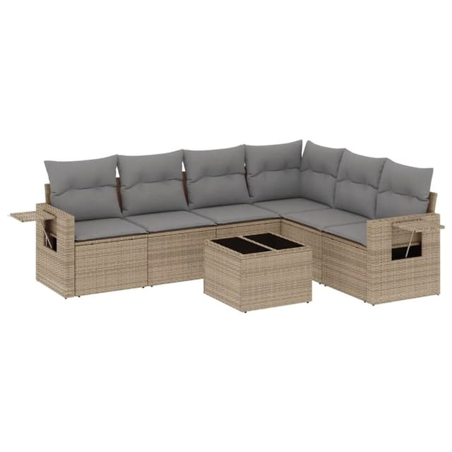 vidaXL 7-Tlg Garten-Sofagarnitur mit Kissen Beige Poly Rattan 3220218
