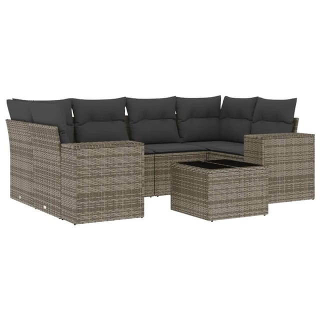 vidaXL 7-Tlg Garten-Sofagarnitur mit Kissen Grau Poly Rattan 3254657