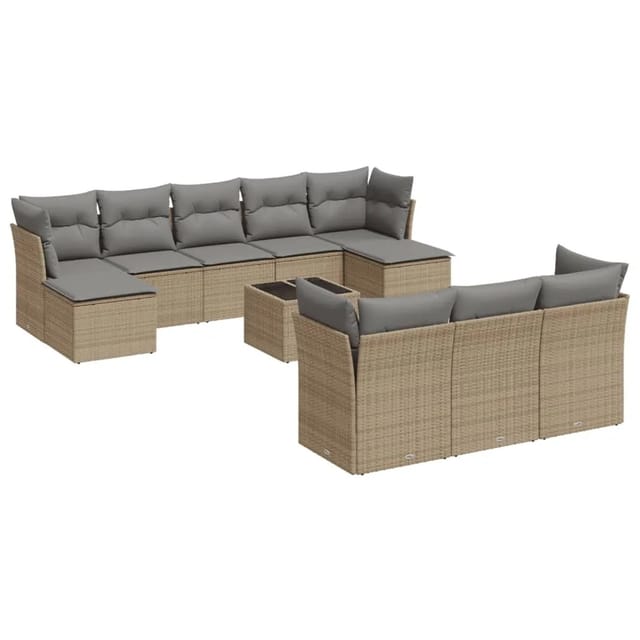 vidaXL 11-Tlg Garten-Sofagarnitur mit Kissen Beige Poly Rattan 3218339
