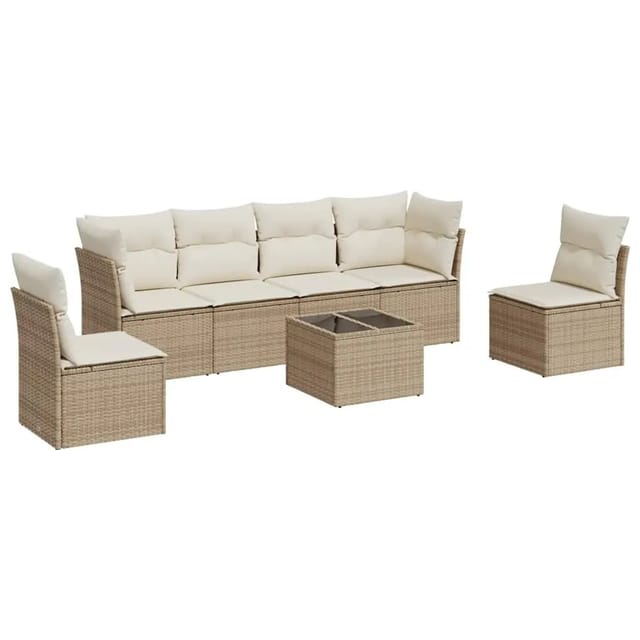 vidaXL 7-Tlg Garten-Sofagarnitur mit Kissen Beige Poly Rattan 3217378