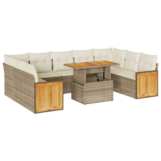 vidaXL 10-Tlg Garten-Sofagarnitur mit Kissen Beige Poly Rattan Akazie 3327754