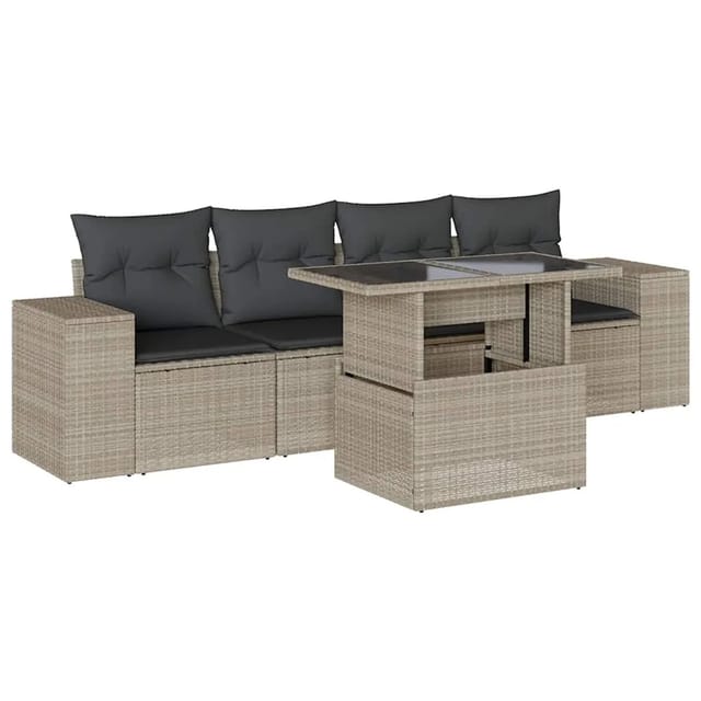 vidaXL 5-Tlg Garten-Sofagarnitur mit Kissen Hellgrau Poly Rattan 3268992