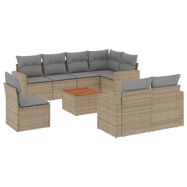 vidaXL 9-Tlg Garten-Sofagarnitur mit Kissen Beige Poly Rattan 3256493