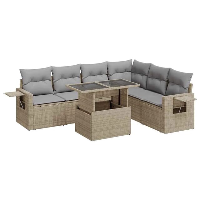 vidaXL 7-Tlg Garten-Sofagarnitur mit Kissen Beige Poly Rattan 3326490