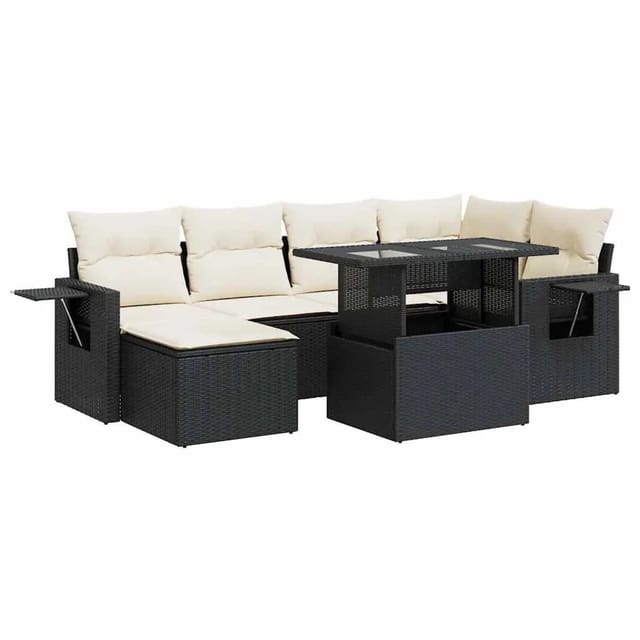 vidaXL 7-Tlg Garten-Sofagarnitur mit Kissen Schwarz Poly Rattan 3326507