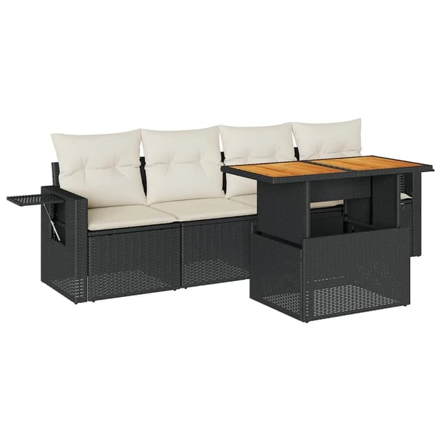 vidaXL 5-Tlg Garten-Sofagarnitur mit Kissen Schwarz Poly Rattan 3327094