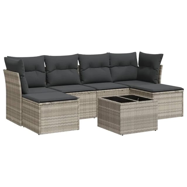 vidaXL 7-Tlg Garten-Sofagarnitur mit Kissen Hellgrau Poly Rattan 3218022