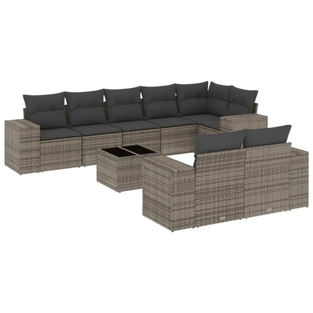 vidaXL 9-Tlg Garten-Sofagarnitur mit Kissen Grau Poly Rattan 3222829