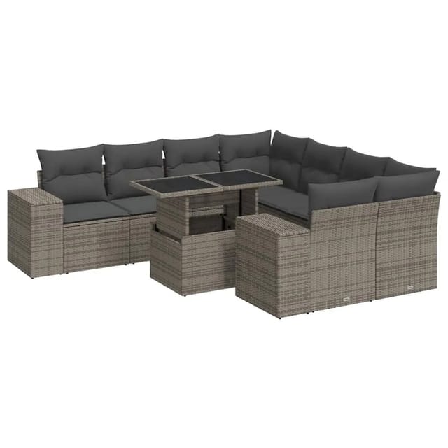vidaXL 9-Tlg Garten-Sofagarnitur mit Kissen Grau Poly Rattan 3326771