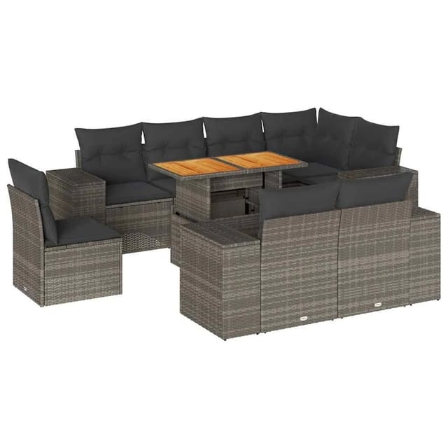 vidaXL 9-Tlg Garten-Sofagarnitur mit Kissen Grau Poly Rattan 3327392