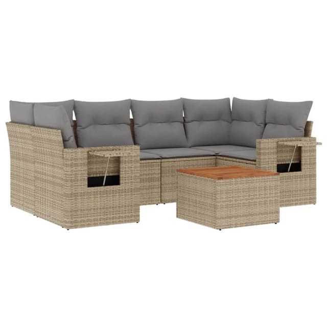 vidaXL 7-Tlg Garten-Sofagarnitur mit Kissen Beige Poly Rattan 3256794
