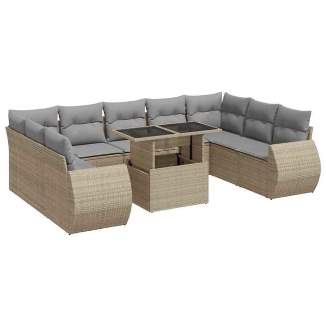 vidaXL 10-Tlg Garten-Sofagarnitur mit Kissen Beige Poly Rattan 3326700