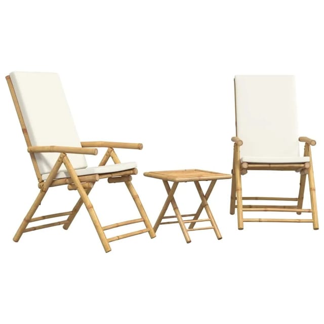 vidaXL 3-Tlg Bistro-Set Klappbar mit Cremeweißen Kissen Bambus 3208931