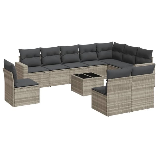 vidaXL 11-Tlg Garten-Sofagarnitur mit Kissen Hellgrau Poly Rattan 3219112