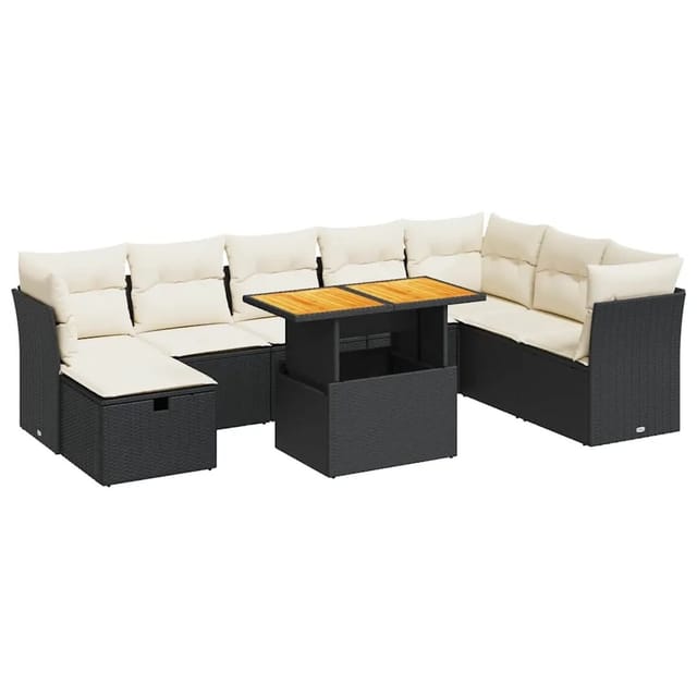 vidaXL 9-Tlg Garten-Sofagarnitur mit Kissen Schwarz Poly Rattan 3327987