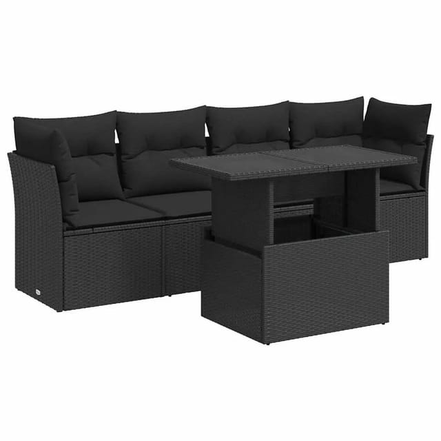 vidaXL 5-Tlg Garten-Sofagarnitur mit Kissen Schwarz Poly Rattan 3326086