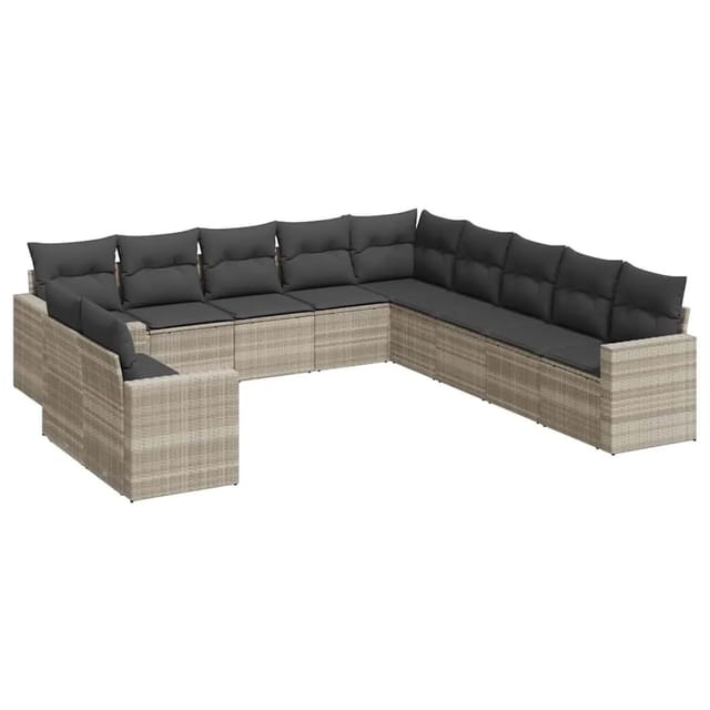 vidaXL 11-Tlg Garten-Sofagarnitur mit Kissen Hellgrau Poly Rattan 3219182