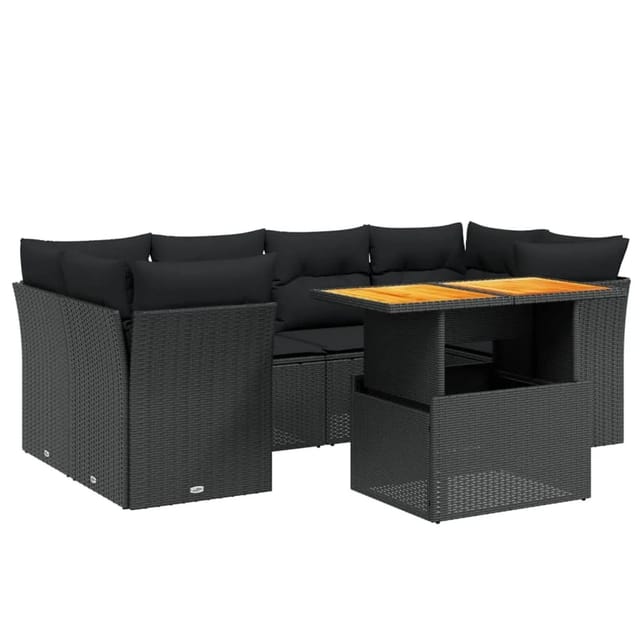 vidaXL 7-Tlg Garten-Sofagarnitur mit Kissen Schwarz Poly Rattan 3270684