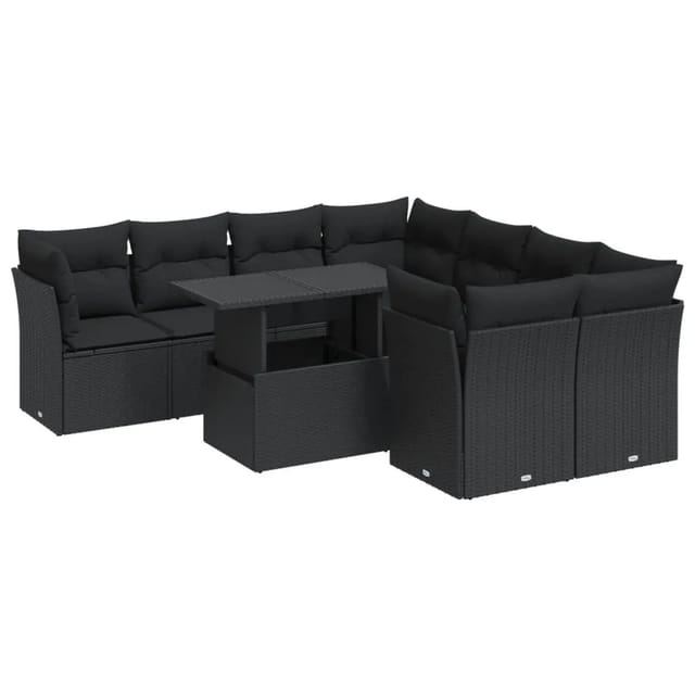 vidaXL 9-Tlg Garten-Sofagarnitur mit Kissen Schwarz Poly Rattan 3326126